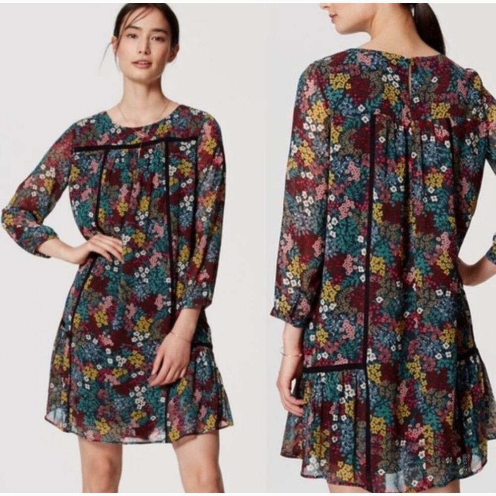 ANN TAYLOR LOFT | Boho Babydoll Dress Flowy Lace Trim Wildflower Floral | Large‎
